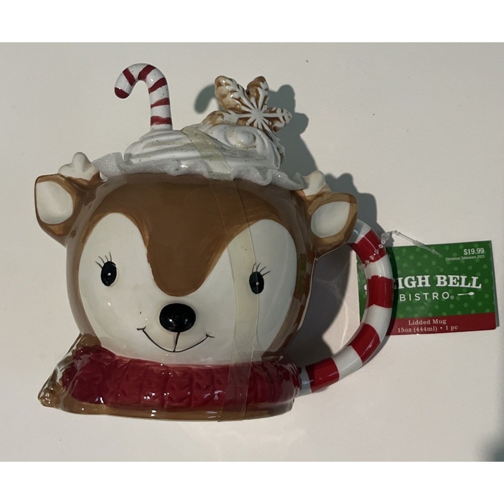 Sleigh Bell Bistro Mug W/ Lid 15 Oz  Cute Reindeer‎ Christmas New